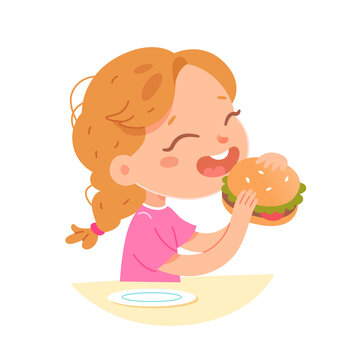 Hungry kid eating fastfood hamburger, enjoying unhealthy food, girl sitting at table