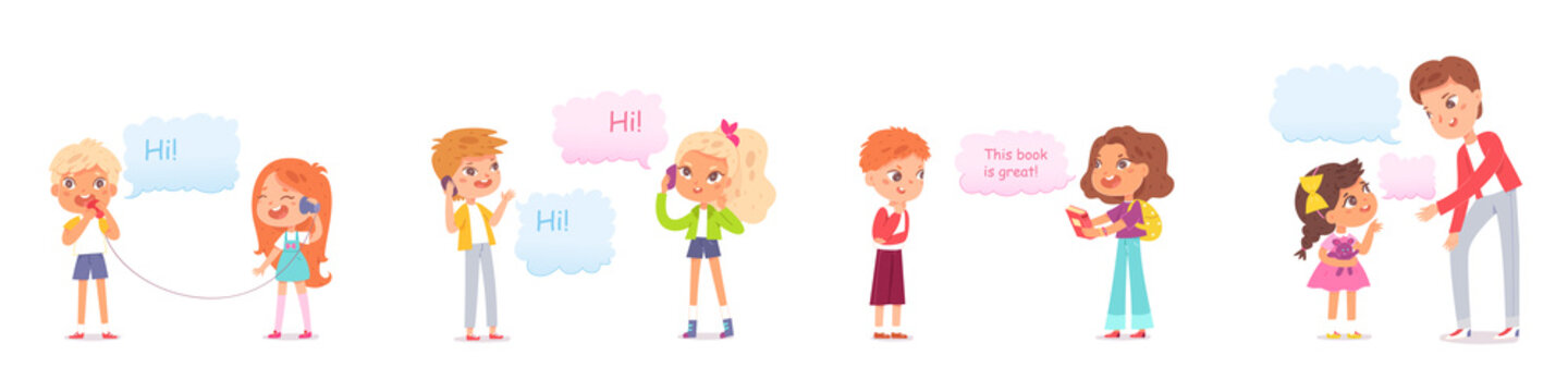 Children talk set, dialog conversation of two kids or mother and child in speech bubble