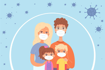 Family people in medical masks stands with protective bubble, adults and children