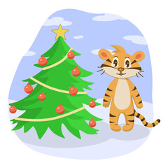 Shy tiger cub and Christmas tree