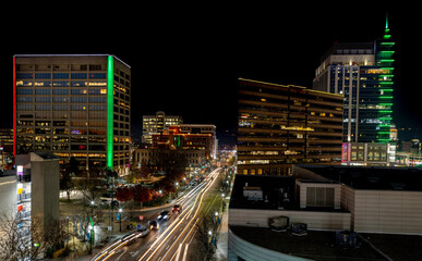 Fototapeta na wymiar Streaking car light through the streets of downtown Boise