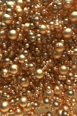 3D glowing golden liquid bubbles balls floating in air. vertical background for holiday template. Graphic design, festive gold poster