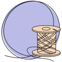 Round light purple frame , a needlework icon with a spool of thread, a single line drawing