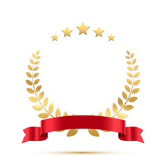 Gold laurel wreath with red ribbon and stars, golden award with olive branch for winner