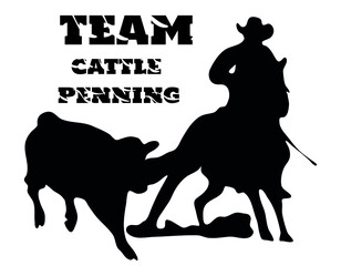 Black and white vector flat illustration: team cattle penning western rodeo discipline