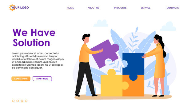 Man and woman connecting puzzle pieces, help each other, collaborate together, find solution. Business metaphor of teamwork make task. Problem solving abstract concept. Flat vector illustration