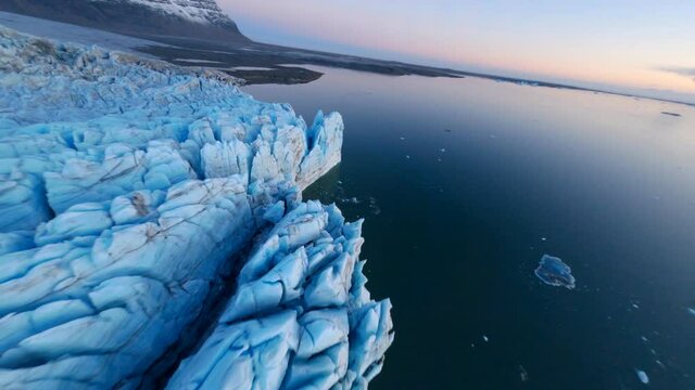 FPV Aerial view of Jokursalon Glacier lagoon. Glacier skaftafell, Vatnaj&ouml;kull National Park. Iceland.