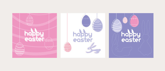 Set of happy easter cards with eggs and hares in flat style