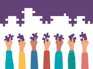 People folding puzzle. Hands hold the details of the puzzle. Concept of teamwork. Vector illustration.