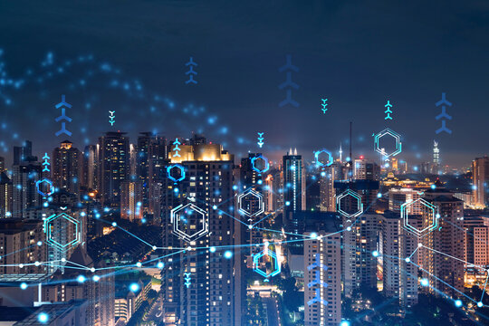 Information flow hologram, night panorama city view of Kuala Lumpur. KL is the largest technological center in Malaysia, Asia. The concept of programming science. Double exposure. - Powered by Adobe