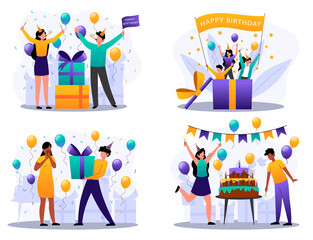 Fototapeta premium Birthday party isolated events set. People give gift, surprise from box, congratulate, blow candles, festive cake, pie. Party decorated balloons, confetti, happy birthday banner. Vector illustration 