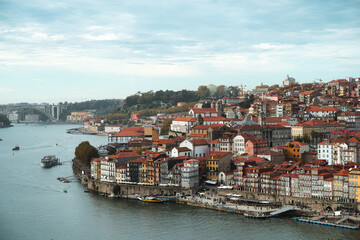 Fototapeta na wymiar Panoramic view of Old Porto Oporto city and Ribeira over Douro river from Vila Nova de Gaia, Portugal 