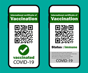 Certificate of vaccination on mobile phone screen with qr-code and pass check mark vaccinated. Vector illustration.