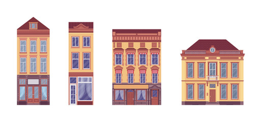 Townhouse set, detached buildings, elaborate ornament, classical city facade. Brown beige houses, suburban cottage residential architecture of victorian design. Vector flat style cartoon illustration