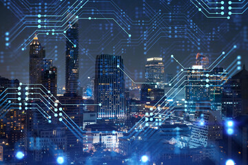 Information flow hologram, night panorama city view of Bangkok. The largest technological center in Southeast Asia. The concept of programming science. Double exposure.