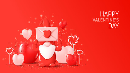 Happy Valentine s Day holiday card. Holiday background with cute gnome on red background with balloons, lollipops and confetti. Vector illustration. Cute Valentine s Day gnome holds pink envelope.
