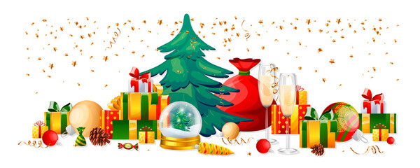 New year attributes set. Winter holiday or Christmas elements, decorations for celebration party. Evergreen tree, gifts with ribbon bows, snow globe, balls, cones, drinks glasses. Vector illustration