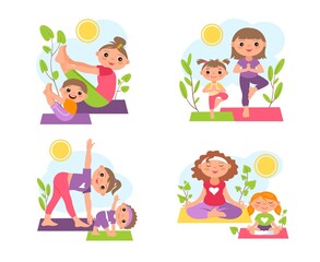 Mothers yoga with kids. Mom, son, daughter do gymnastics. Outdoor sport with parents and children. Park family training. People practice Pilates or meditation. Vector exercises set