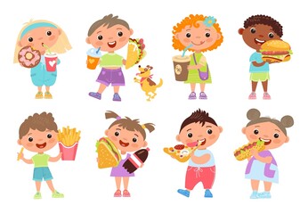 Fototapeta na wymiar Kids with fast food. Children with street snacks and sweet drinks. Cute boys and girls with burger, pizza and French fries. Young people eat burrito or donut. Vector unhealthy meal set