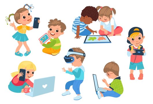 Kids with gadgets. Children hold different device. Boys and girls with phones, laptops and tablets. Playing and learning. Teens using headset and VR glasses. Vector babies leisure set