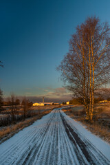 Fototapeta na wymiar Sunrise near Ctibor and Halze villages in cold snowy morning