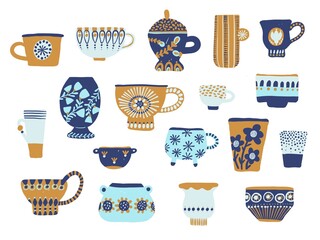 Trendy cups. Decorated tea mugs with rustic ornament, scandinavian flowers patterns crockery, kitchen ceramic drinking tableware, tea and coffee modern porcelain vector hand drawn set