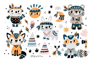 Cute Indian tribal animals. Funny bunny, fox, raccoon and owl with feathers decor and painted faces. Boho forest creations in ethnic costumes. Tepee and arrows. Vector wild mammals set © VectorBum
