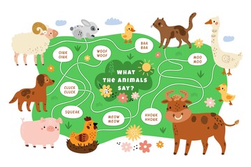 Educational kids animals game. Different farm mammals sound search pathway. Cartoon design of nursery puzzle. Baby playful learning. Livestock and sayings matching. Vector challenge concept