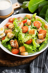 Caesar salad with chicken fillet, cherry tomatoes and croutons, traditional Italian food