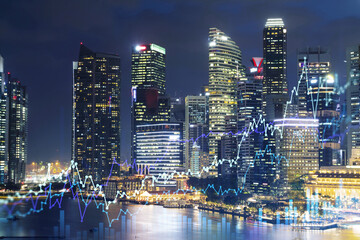 Fototapeta na wymiar FOREX graph hologram, aerial night panoramic cityscape of Singapore, the developed location for stock market researchers in Asia. The concept of fundamental analysis. Double exposure.