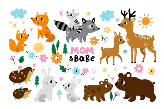 Cute animal baby and mom. Happy loving parents with kids. Wildlife forest characters cubs. Scandinavian cartoon style. Motherhood and care of children. Vector wild fauna families set
