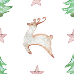Watercolor hand painted nature winter holiday seamless pattern with deer, pink stars and green fir christmas trees isolated on the white background for new year celebration print design
