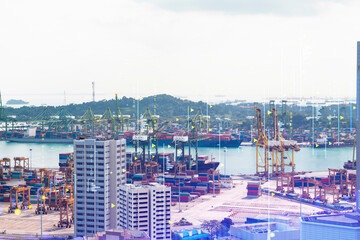 Financial stock chart hologram over panorama city view of Singapore, business center in Asia. The concept of international transactions. Double exposure.