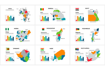 Obraz premium Set maps African countries by regions Senegal, Egypt, Nigeria, Madagascar, Mozambique, Zimbabwe, Niger, North Africa
