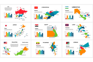 Obraz premium Set of maps of Asia countries by region Kyrgyzstan, Uzbekistan, Japan, Egypt, Laos, Malaysia, Myanmar, Jordan
