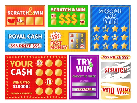 Scratch cards. Realistic color tickets. Erasable layer. Different gaming coupons. Lucky chance. Gambling instant lottery. Winning prize fortune game. Vector flyers set with scraping shapes