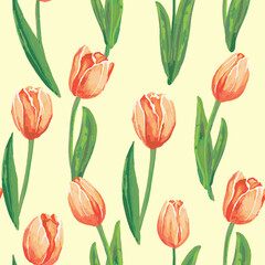 Obraz premium Red tulips on the yellow background. Watercolor seamless pattern with spring flowers.