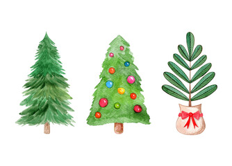 Watercolor christmas tree set isolated on white background.