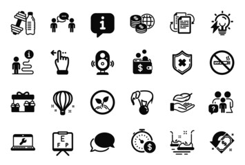 Vector Set of Business icons related to Electricity bulb, Lightweight and Last minute icons. Elephant on ball, World money and Dumbbell signs. Air balloon, Bumper cars and Bureaucracy. Vector