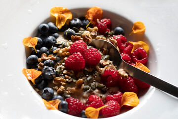 CLOSE UP COOKED OATS TOPPED WITH HEALTHY NUTS SEEDS BERRIES EDIBLE FLOWER PETAL GARNISH