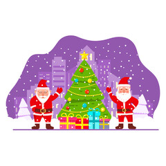 Christmas cute Santa Claus cartoon character with gift.Decorated christmas tree.Vector flat illustration.Isolated on white background.