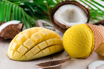 Delicious yellow ice cream in a coconut shell, Mango ice cream
