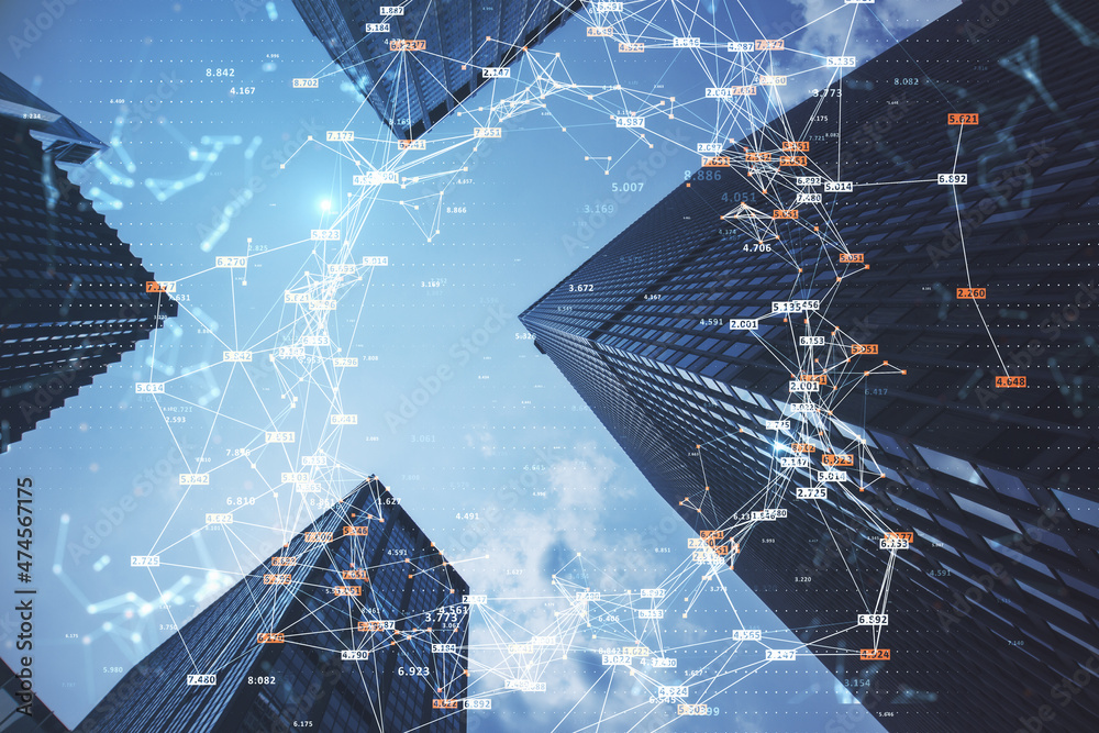 Poster abstract city image with blue sky and glowing big data connections circle on blurry background. scie