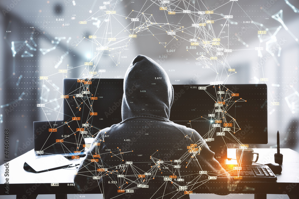 Poster Hacker at desktop using computers with creative glowing big data connections circle on blurry interior background. Science, hacking, malware, digital network and technology concept.