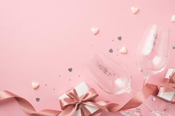Obraz na płótnie Canvas Top view photo of white gift boxes with pink satin ribbon bows small hearts two wineglasses silver sequins and heart shaped confetti on isolated pastel pink background with empty space