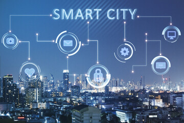 Creative glowing night smart city wallpaper with interface and downtown. Technology, innovation and urbanization concept. Double exposure.