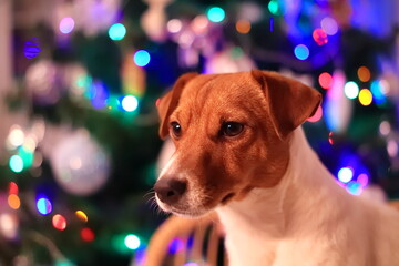 Pies ta tle choinki. Jack Russell Terrier. (JRT). Dog ta Christmas tree background - obrazy, fototapety, plakaty