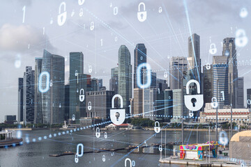 Padlock icon hologram over panorama city view of Singapore to protect business in Asia. The concept of information security shields. Double exposure.