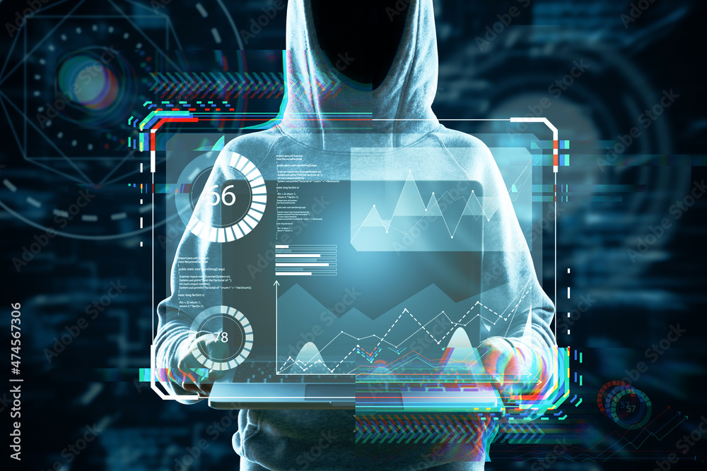 Poster Hacker holding laptop with abstract glowing business hologram interface on dark background. Security, hacking, autorization and biometrics concept. Double exposure.