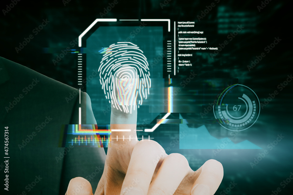 Poster close up of businessperson hand pointing at creative glowing blue fingerprint scanner interface on d